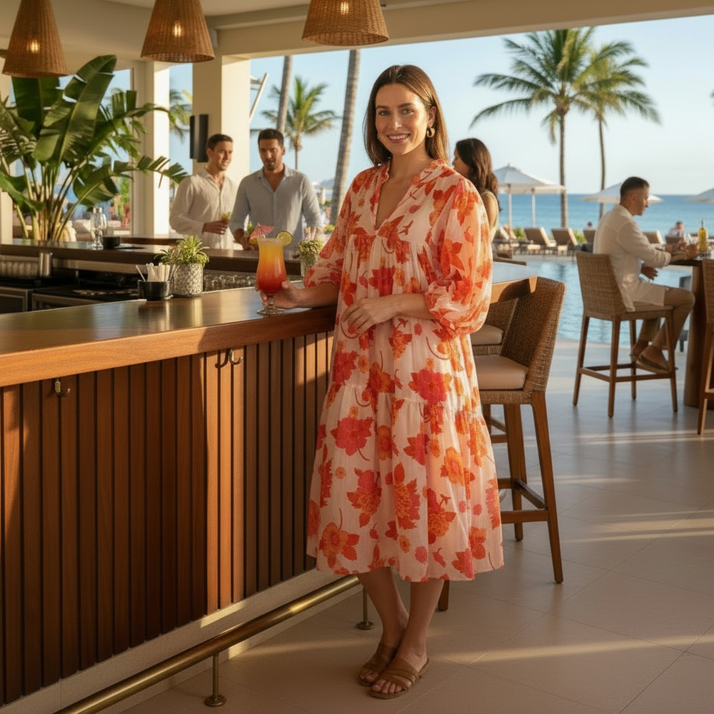 Karni Womens Midi Tiered Dress Resort Beach Summer Brunch Garden Party Medium